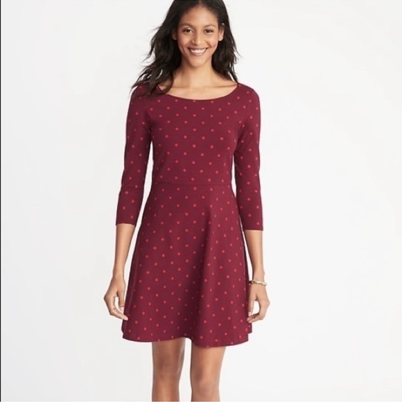 Old Navy 3/4 Sleeve Fit & Flare Dress Burgundy Polka Dot Size Small NWT - Picture 1 of 8